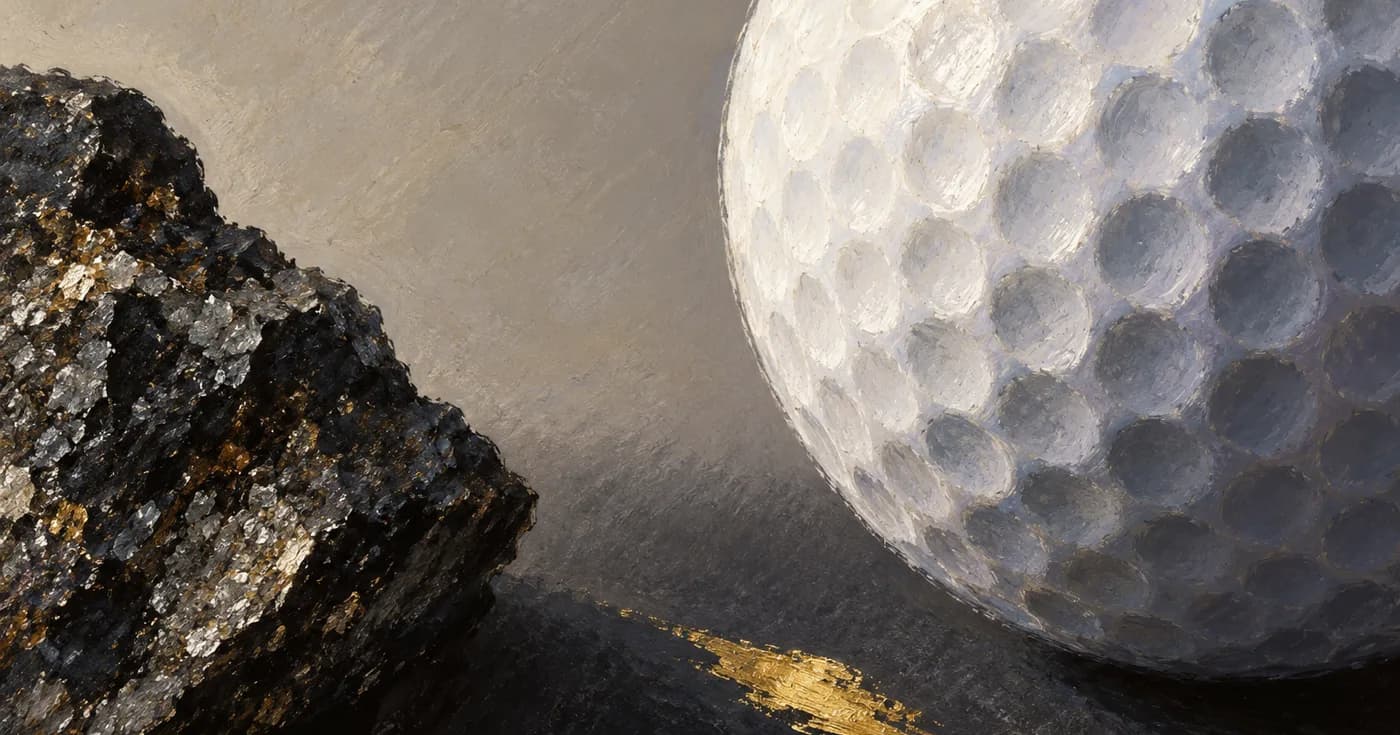 An extreme close-up of a white dimpled golf ball beside a mica-flecked dark rock, with a tiny gold paint stroke
