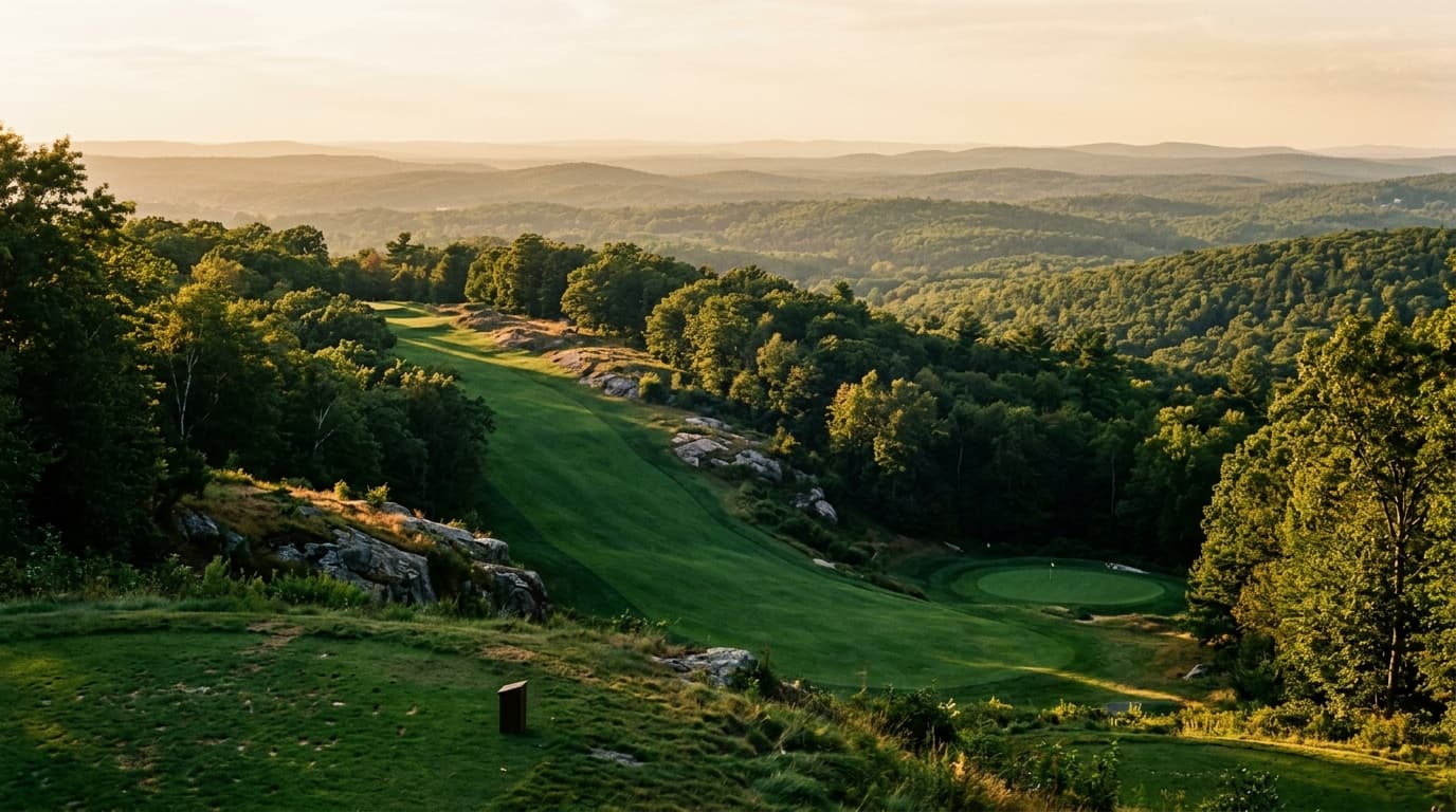 Elevated tee shot dropping through granite ledge and hardwoods toward a distant green at Shining Rock Golf Club in Northbridge, Massachusetts at golden hour