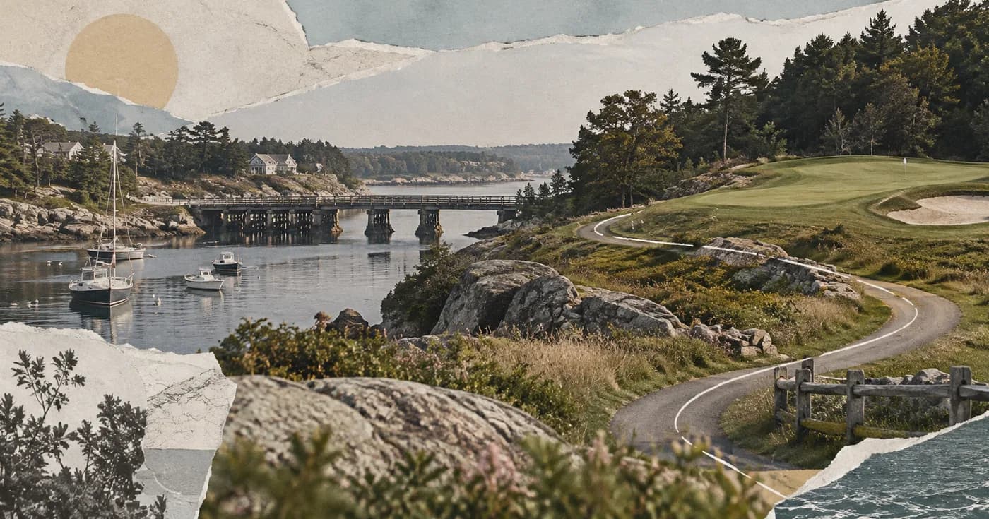 A small harbor inlet, bridge and woods linked by a winding golf path