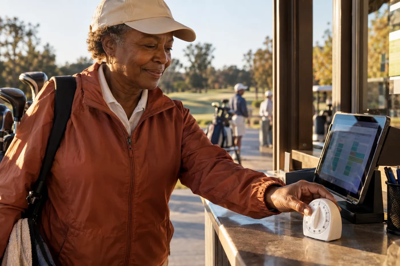 a golfer setting a kitchen timer beside a booking screen
