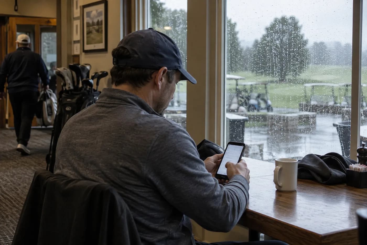 a golfer checking a cancellation confirmation indoors while rain hits a window