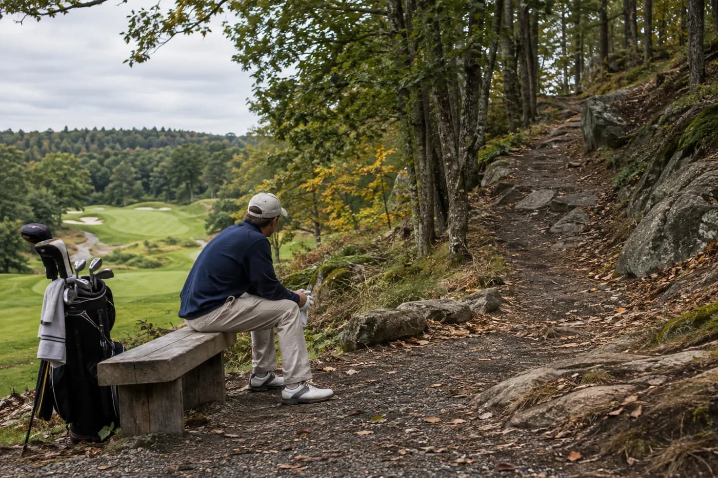 a golfer resting on a bench before a steep woodland climb