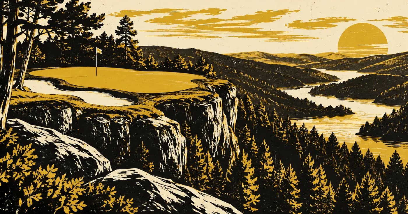 An angular green lifted above dense woodland and bold contour lines