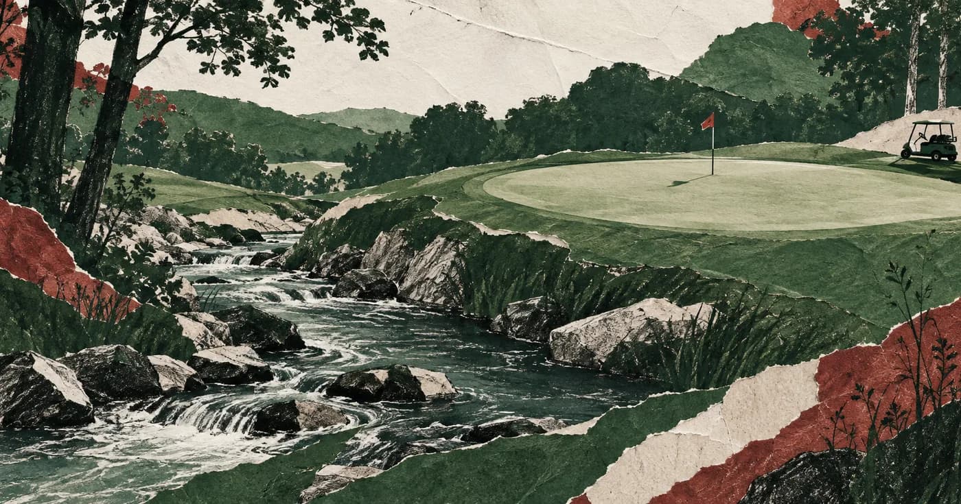 A curling brook below a rounded green with a small cart shadow at the edge