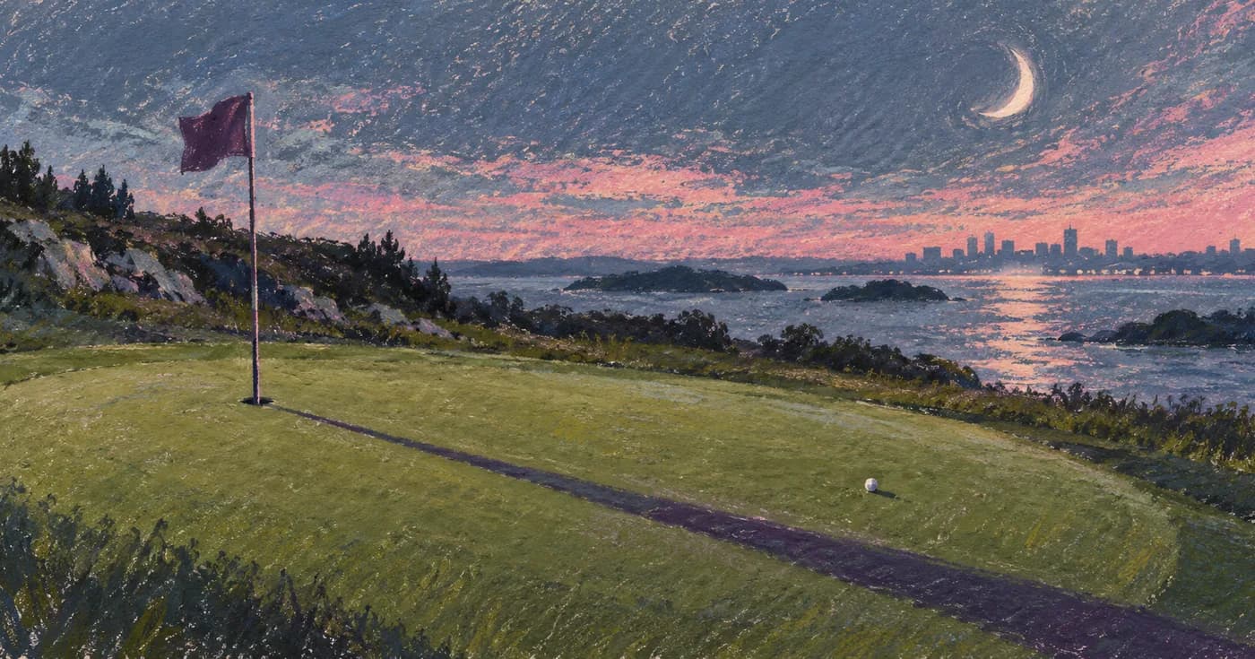 A long violet flag shadow stretching across a tiny green toward a crescent moon