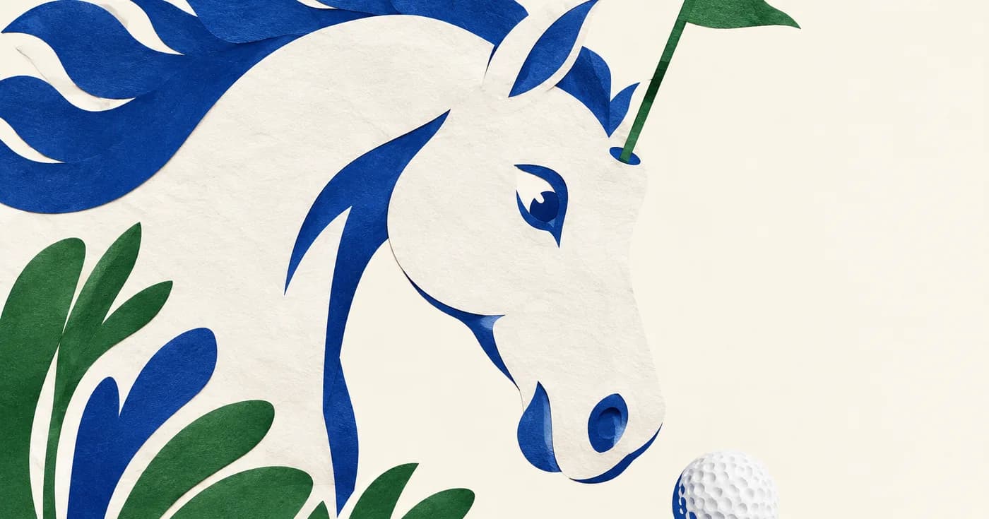A playful white horse head drawn with a tiny golf flag as its single horn, a golf ball below, flat cream background