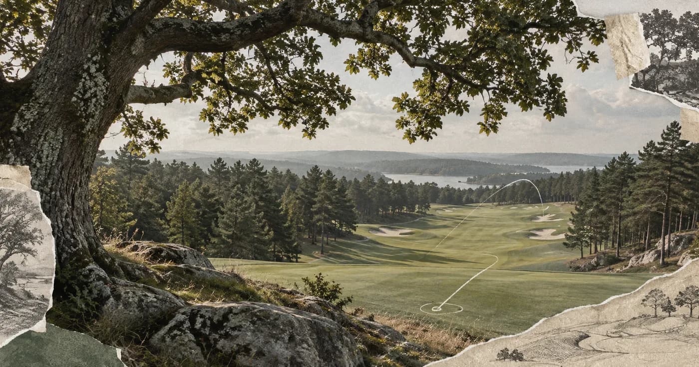 An oak tree canopy opening onto a broad pine-lined championship fairway