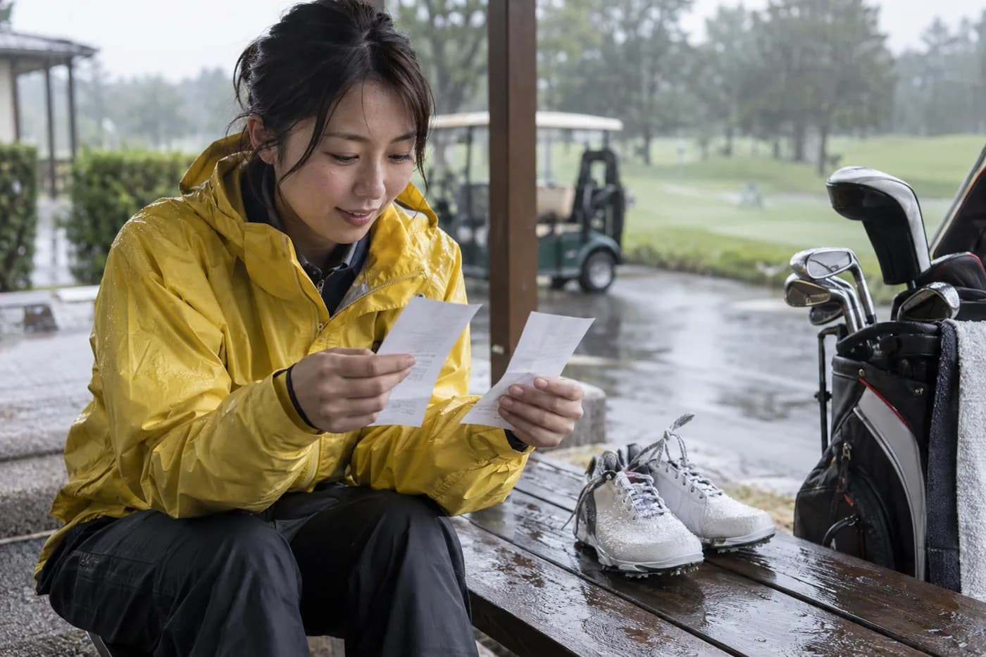 a golfer in a yellow rain jacket comparing two plain receipts beside the same pair of golf shoes