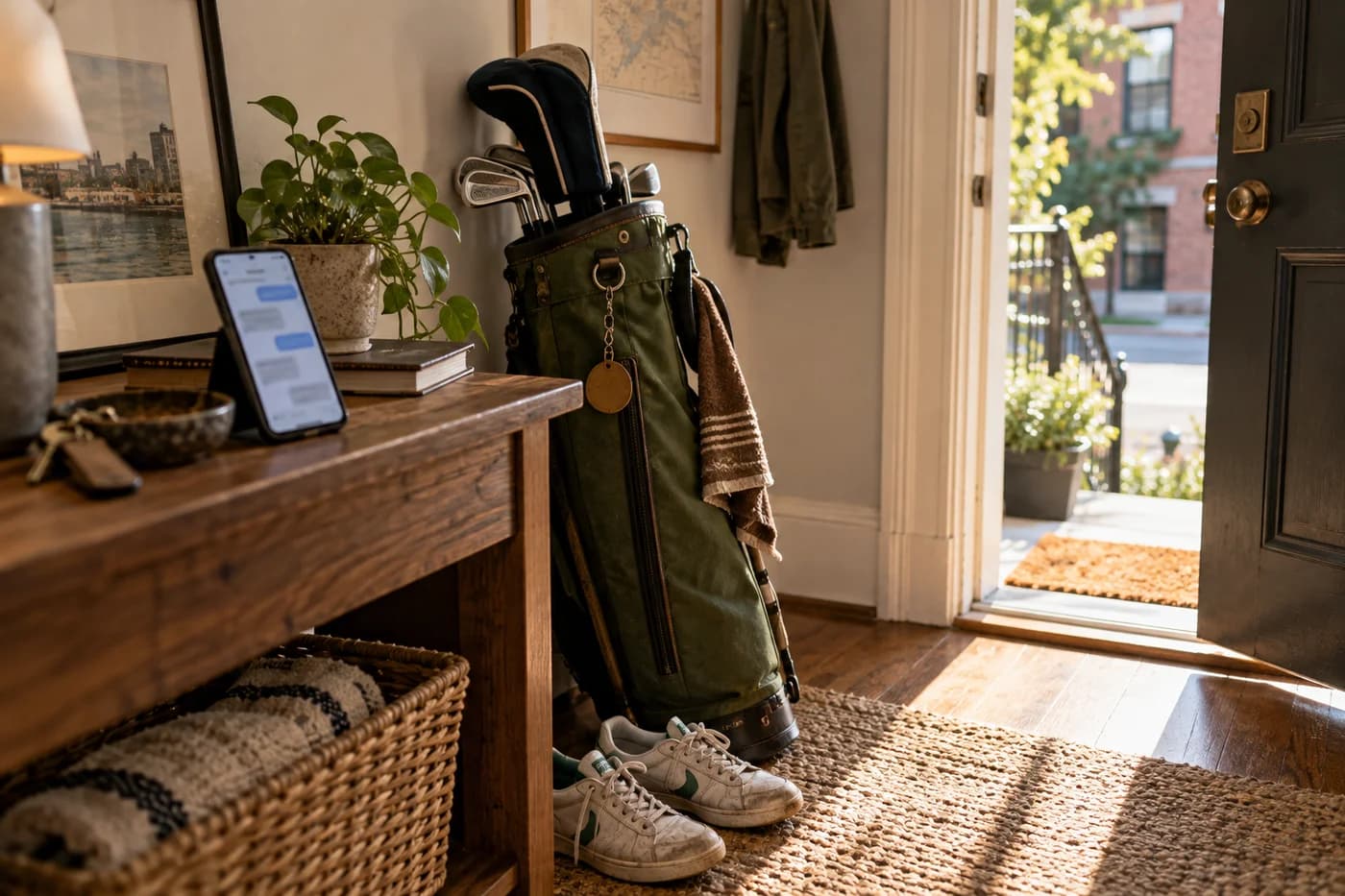 A phone with a conversation on screen beside a small golf bag by the door