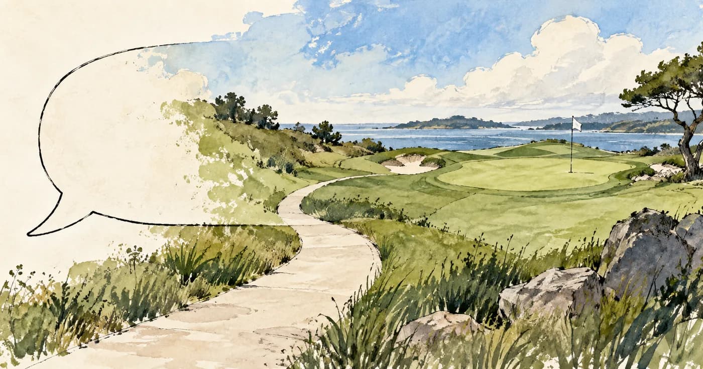 A simple speech bubble unfolding into a public golf green and direct path
