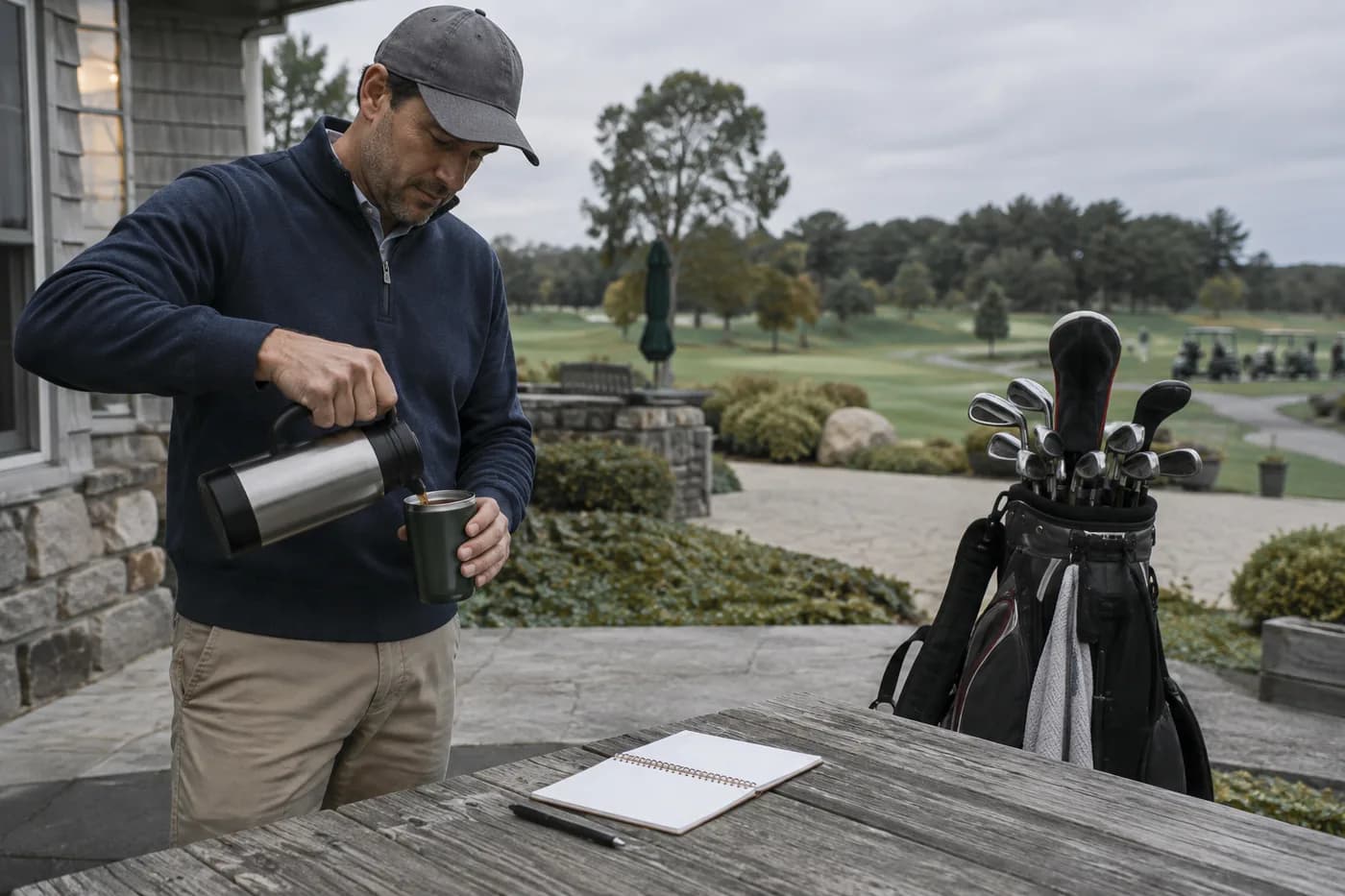 an early riser pouring coffee beside a closed golf bag and blank daily planner