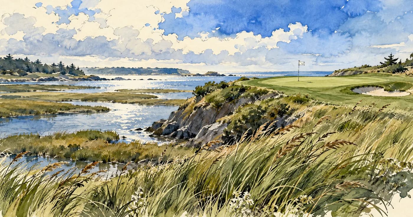 Windblown saltmarsh grass below an elevated green above a coastal inlet