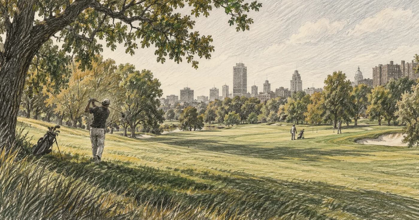 A broad open municipal fairway surrounded by large parkland trees and city edges