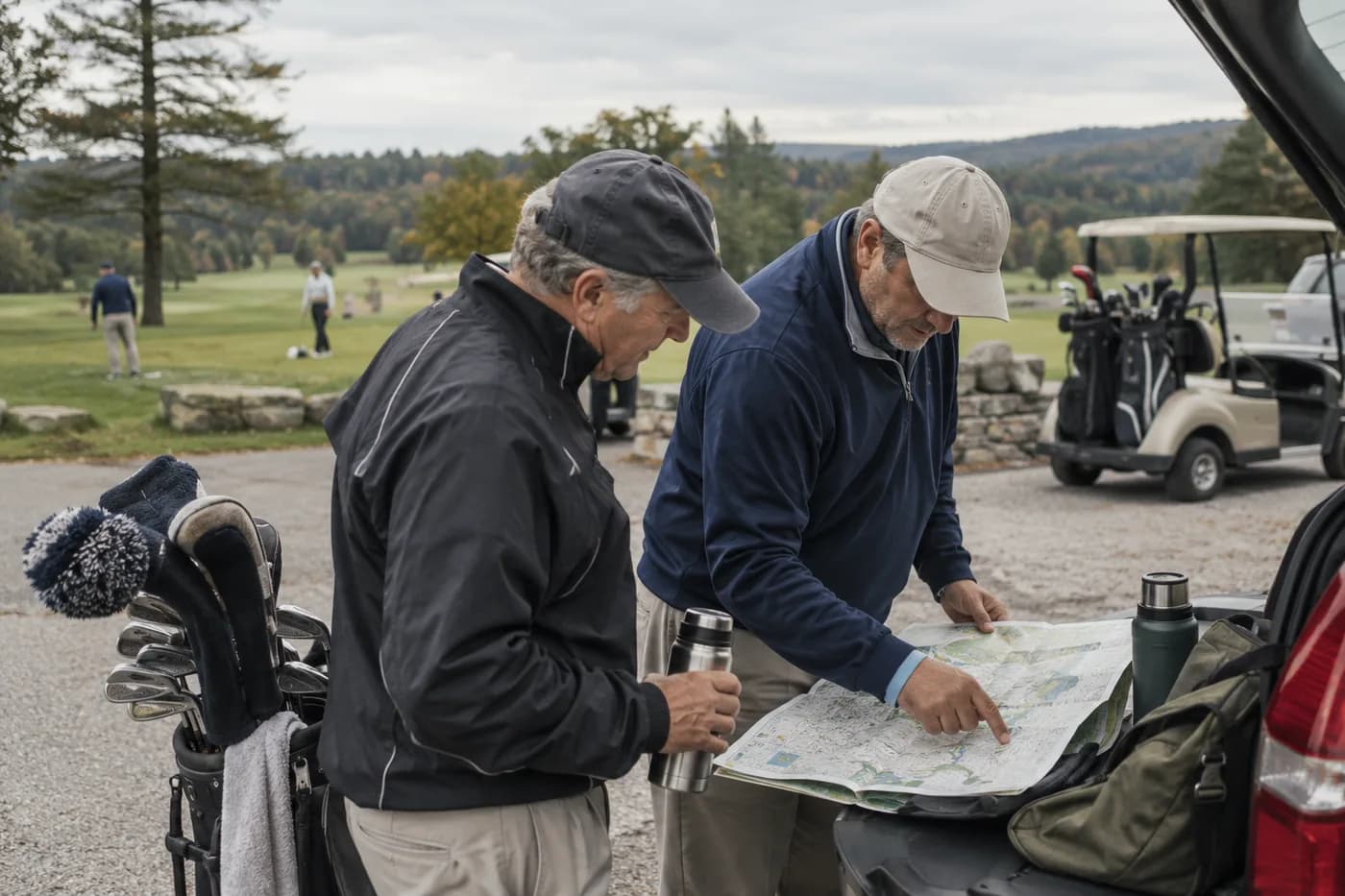 golfers checking a road map beside clubs and a thermos before a central Massachusetts trip