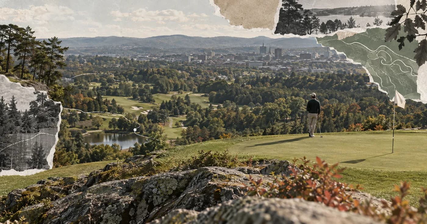 A hilltop city park green with woodland courses unfolding westward