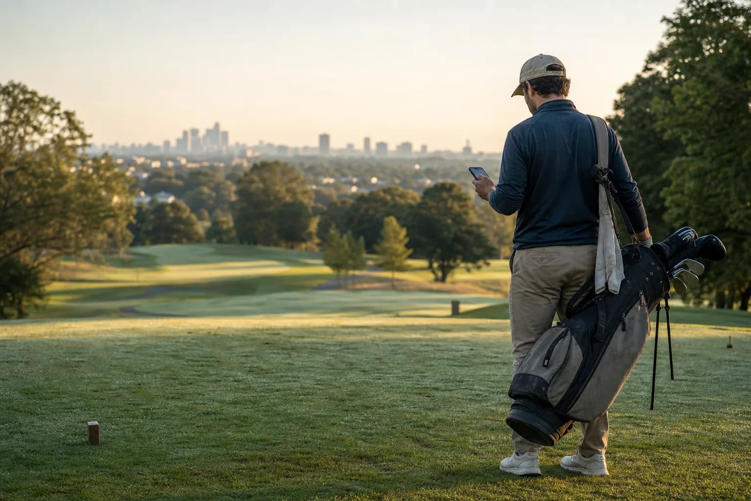 Golfer checking a phone before an early-morning public round near a distant Boston skyline