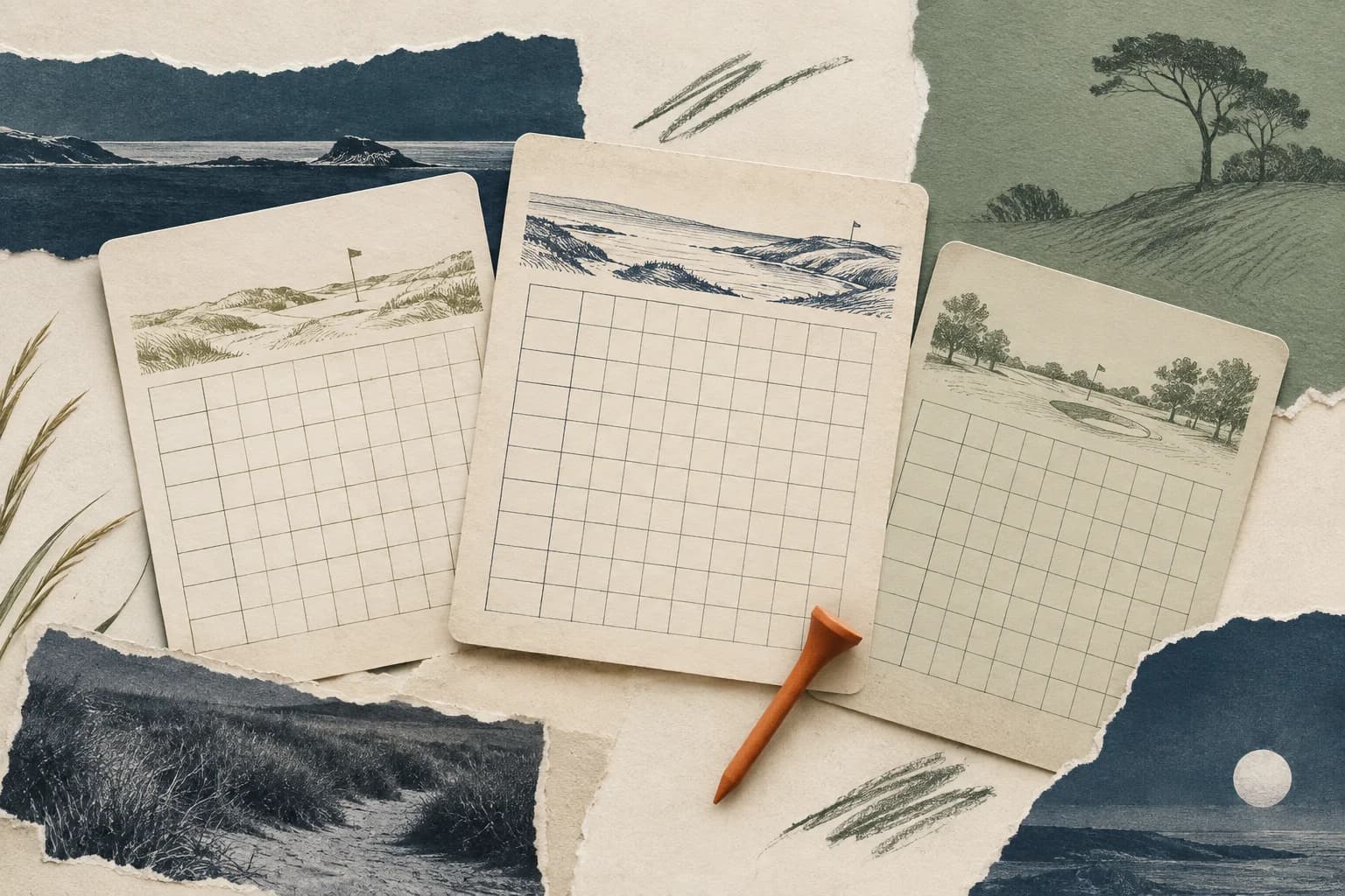 Handmade golf scorecard collage for comparing course opinions