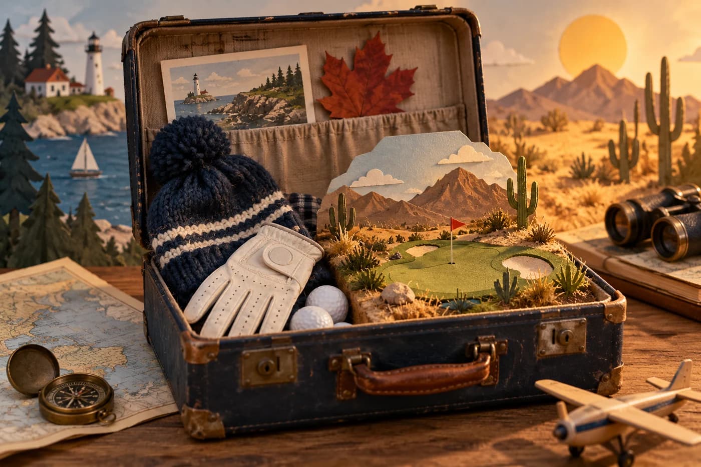 An open travel suitcase containing a knitted wool cap, a New England red maple leaf, golf glove and a miniature sunlit desert green. Dreamy stop motion diorama photography, charming paper scenery, golden and navy palette.