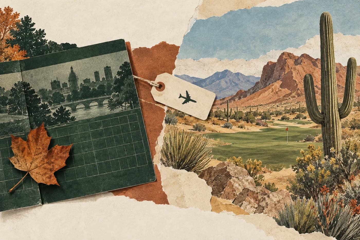 Original collage joining Boston autumn and Sonoran desert golf
