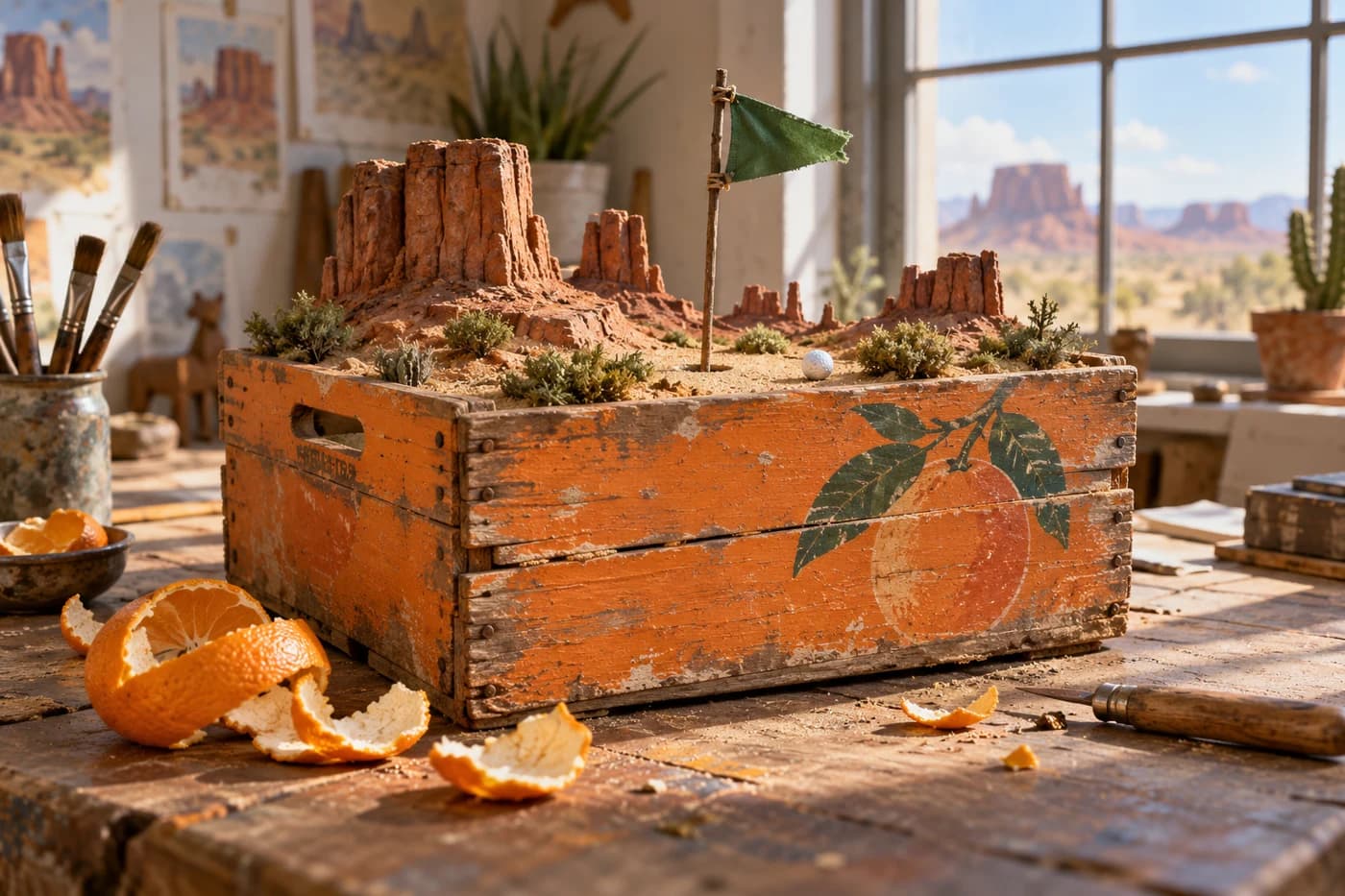 Desert mesa rock forms emerging from an old wooden orange crate, a green golf flag tied with string, scattered citrus peel. Original playful miniature assemblage in a sunlit artist studio, weathered wood and vivid orange.