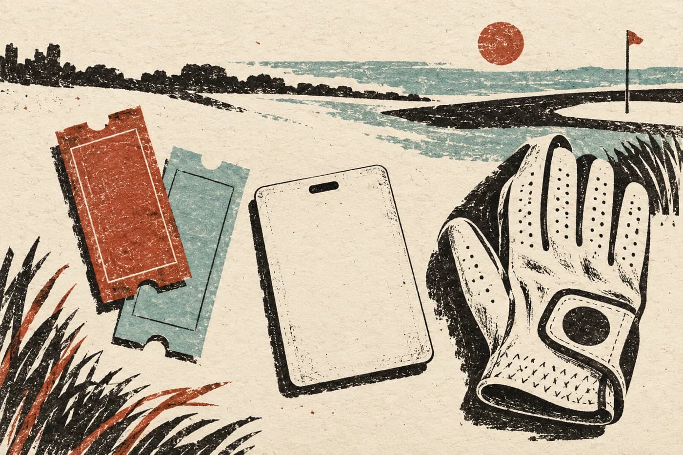 Two blank differently colored paper admission tickets beside a plain unmarked identity card and a golf glove. Beautiful imperfect linocut print on coarse cream paper, red ochre, black, dusty aqua. No legible text.