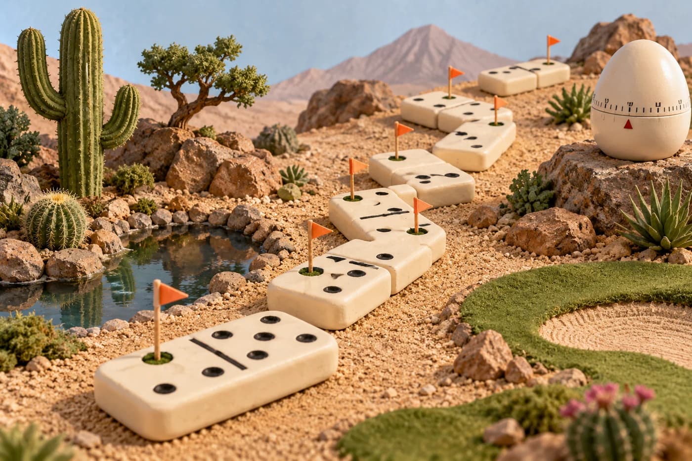 Nine oversized cream dominoes winding through a small desert garden, each topped with a tiny orange golf flag, a big kitchen egg timer off to the side. Playful handmade clay and paper miniatures, candid studio photograph, no lettering, landscape.