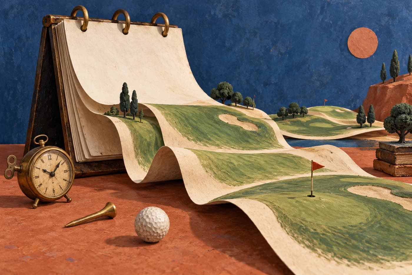 A giant old flip calendar with several blank pages curling into golf fairways. Tiny brass tee and vintage wind-up clock. Surreal analogue studio still life, cobalt blue and terra cotta, hand painted details.