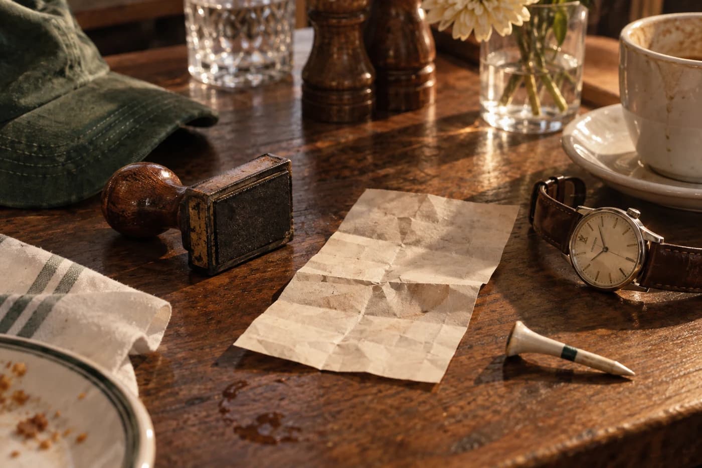 An old rubber date stamp, blank creased booking slip, wristwatch and a knocked-over golf tee on a restaurant table. Warm documentary still life shot on grainy medium format film. No numbers or text.
