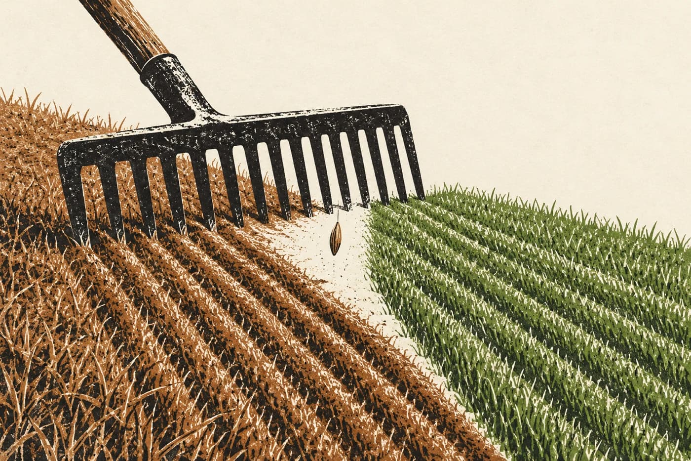 An elegant close-up editorial illustration of a rake creating parallel bands, one brown summer grass band and one bright fine winter grass band, a single seed falling between them; woodblock print with black ink and muted green and burnt sienna, generous cream background, landscape.
