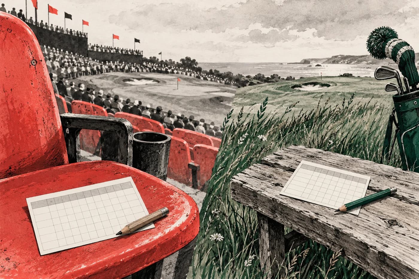 Two contrasting blank golf scorecards, one resting on a red stadium seat and another on a quiet grassy bench. Monochrome ink wash with selective coral and emerald accents. Editorial drawing, no named course likeness.