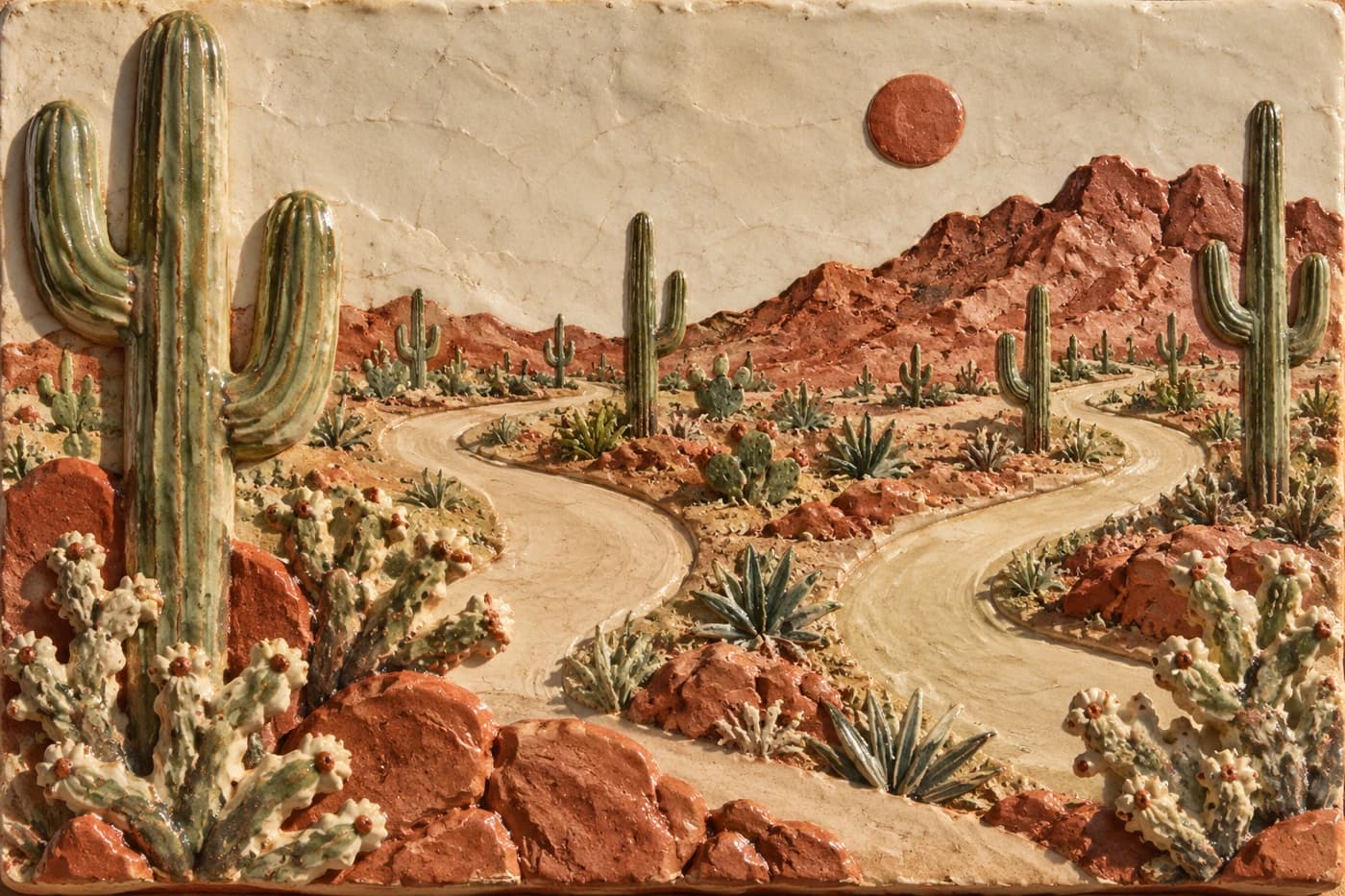 Two meandering golf paths between saguaro and cholla cactus forms in an imaginary desert. Hand built glazed ceramic relief tile, cream, sage, red clay. Oblique light, tactile uneven glaze, no actual course.