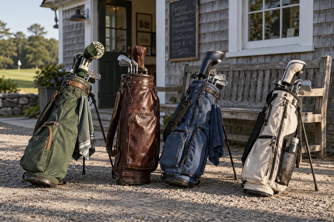 Four different carry bags lined up outside a small golf clubhouse