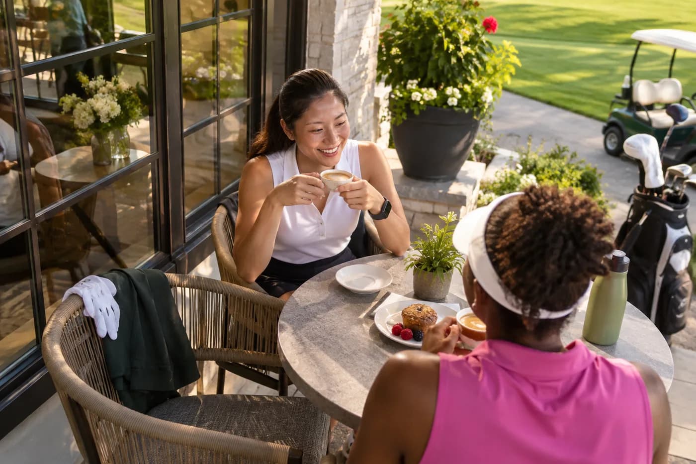 a golf glove draped on a cafe chair beside a clubhouse window