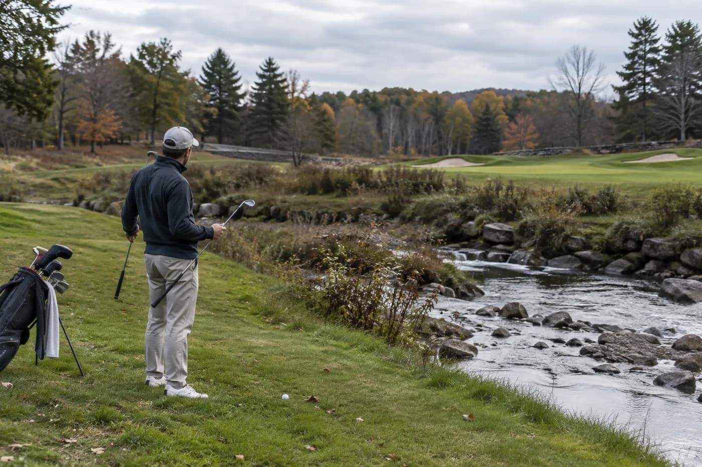 a golfer standing back from a creek deciding between two clubs