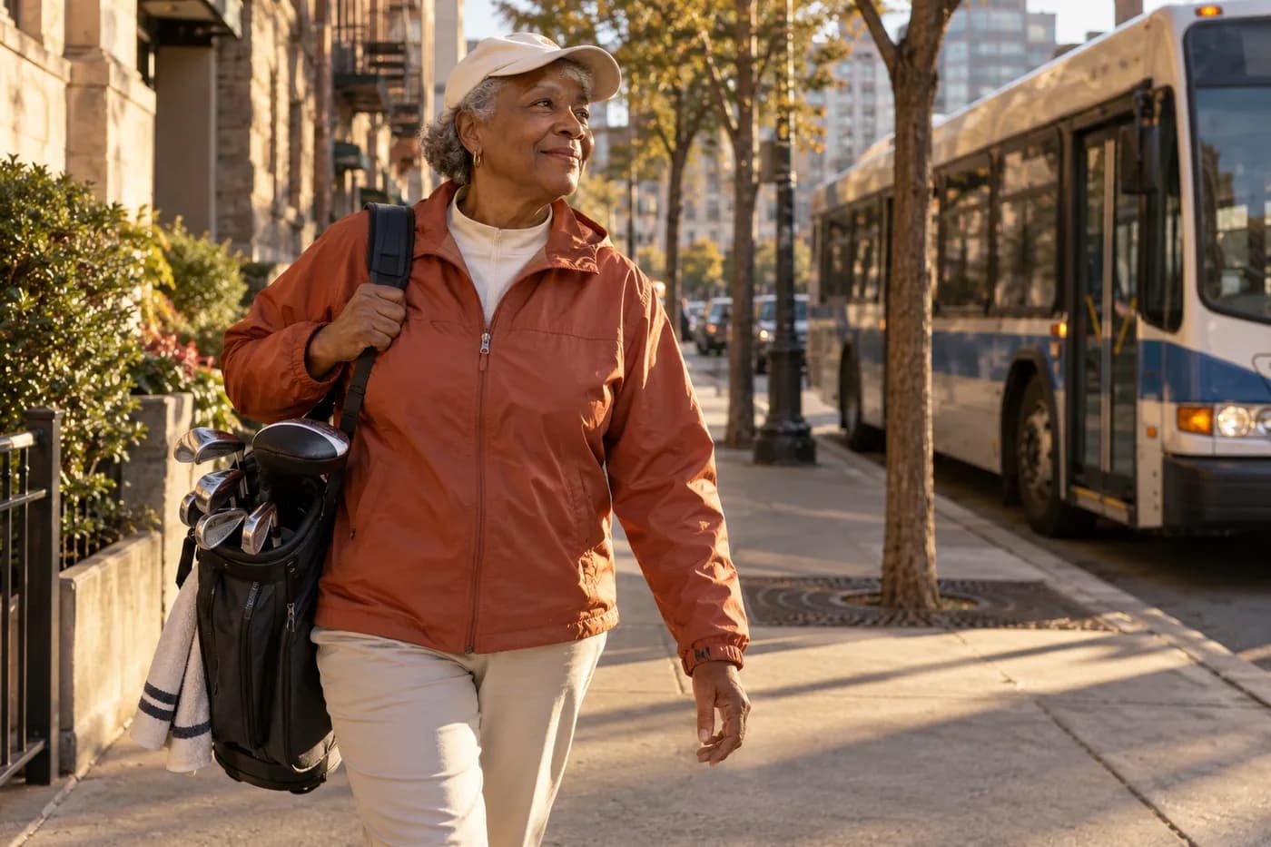 a golfer in a rust-orange windbreaker walking along a city sidewalk with a compact golf bag and bus in background