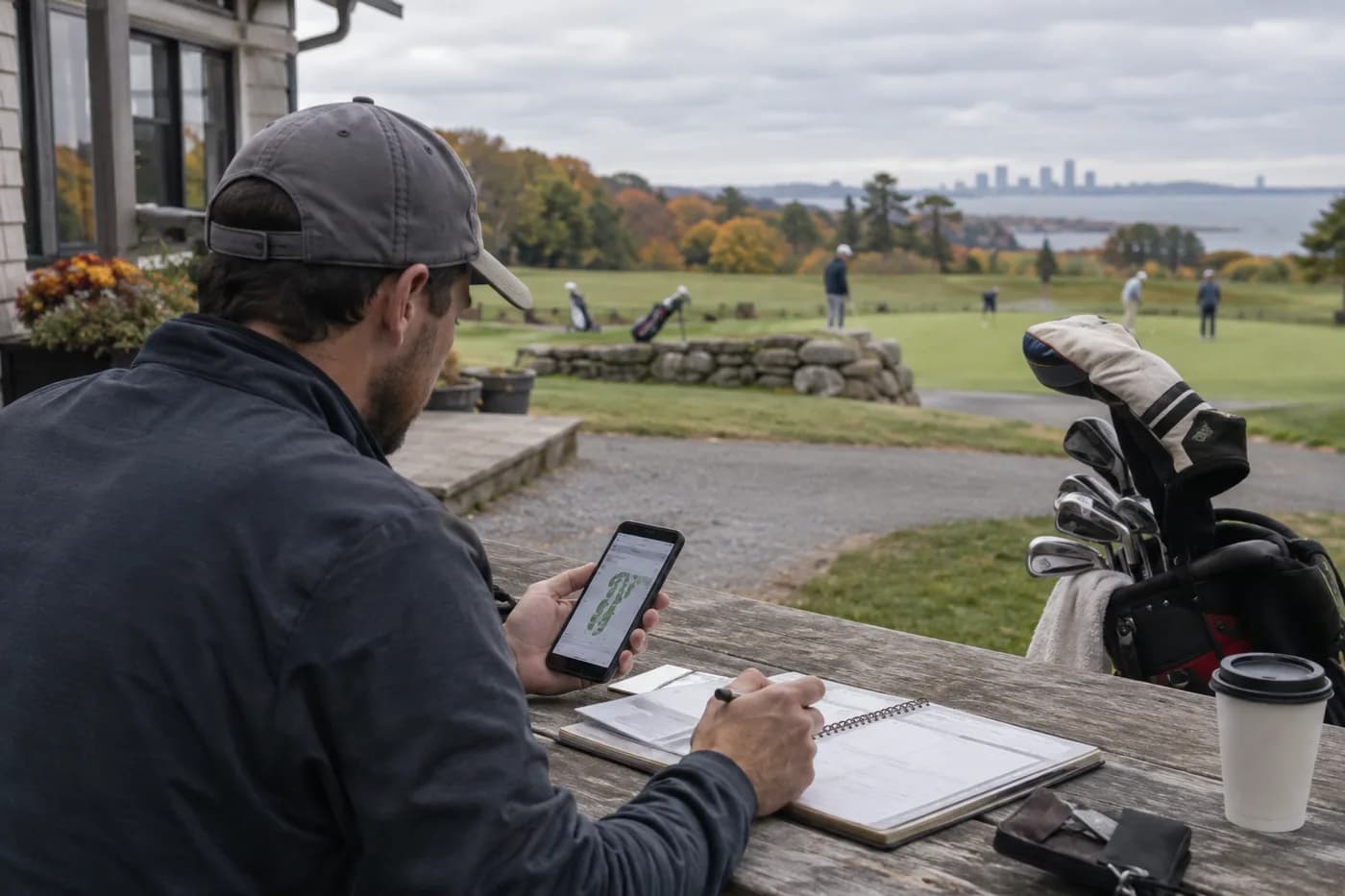 a golfer comparing a booking screen with a paper planner