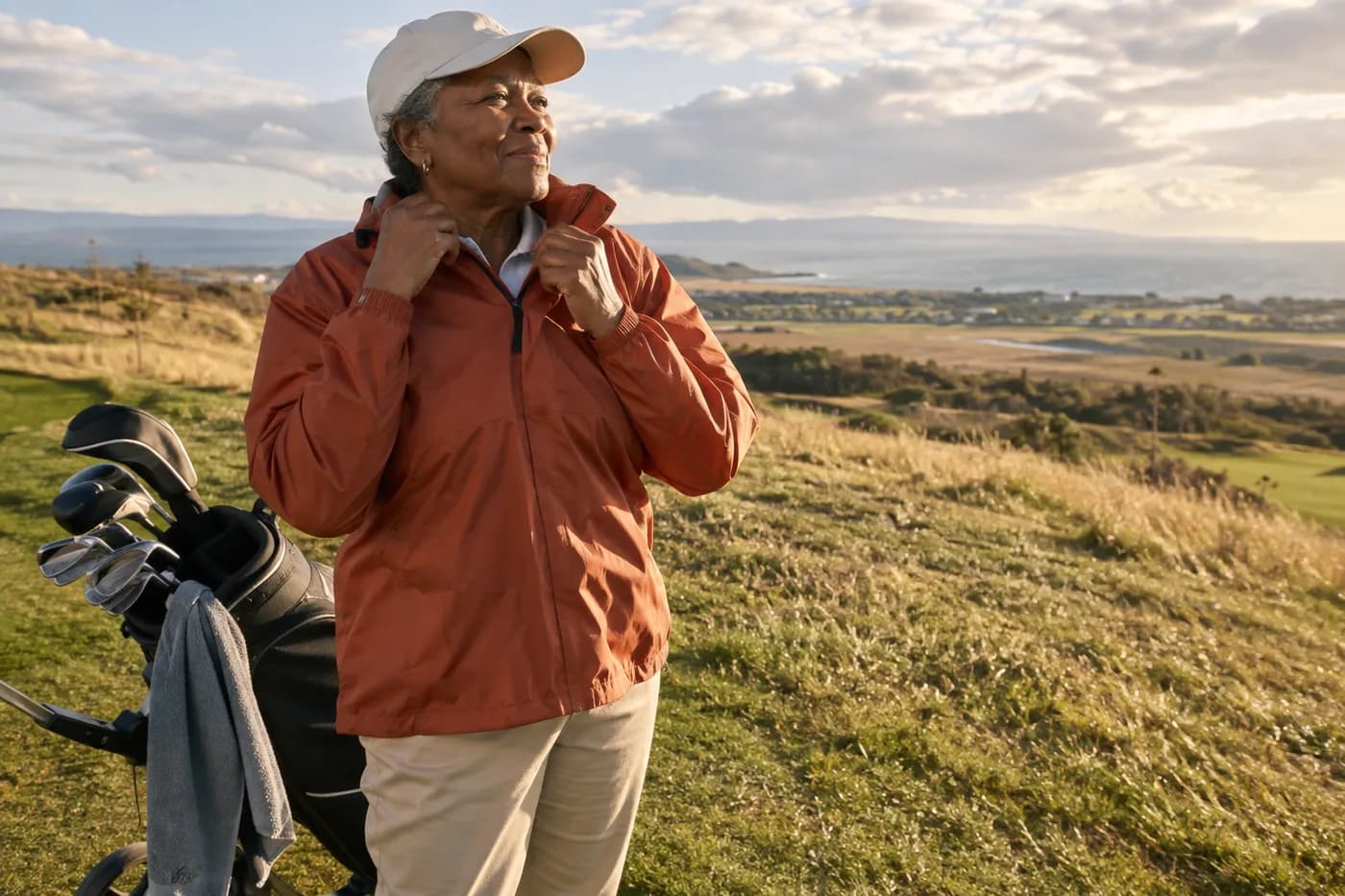 a golfer in a rust-orange windbreaker adjusting a windbreaker on an exposed grassy hilltop