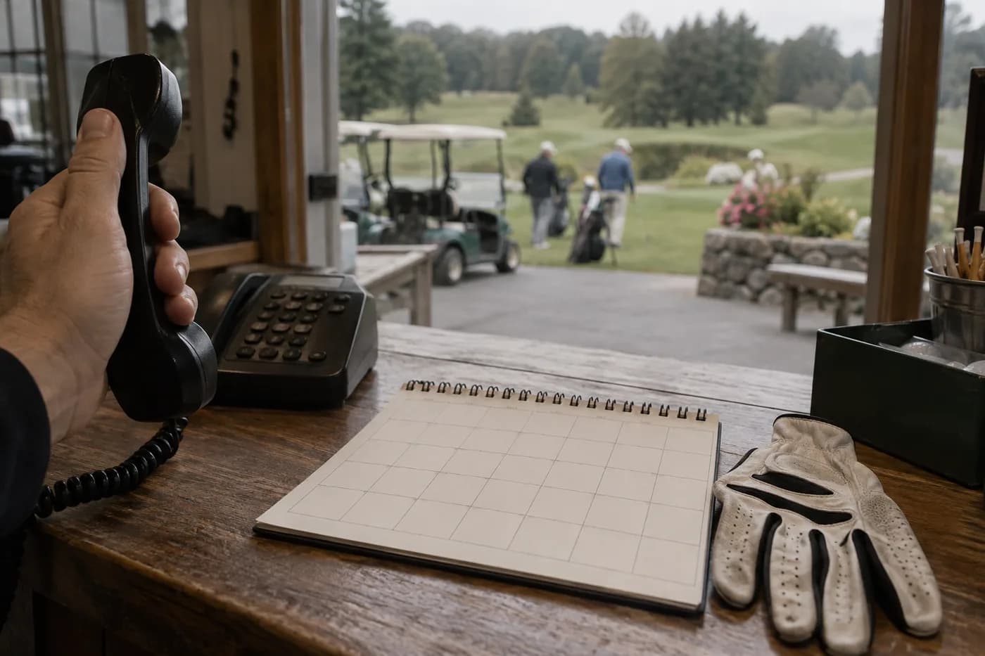 a hand holding a landline receiver beside a blank paper calendar and golf glove