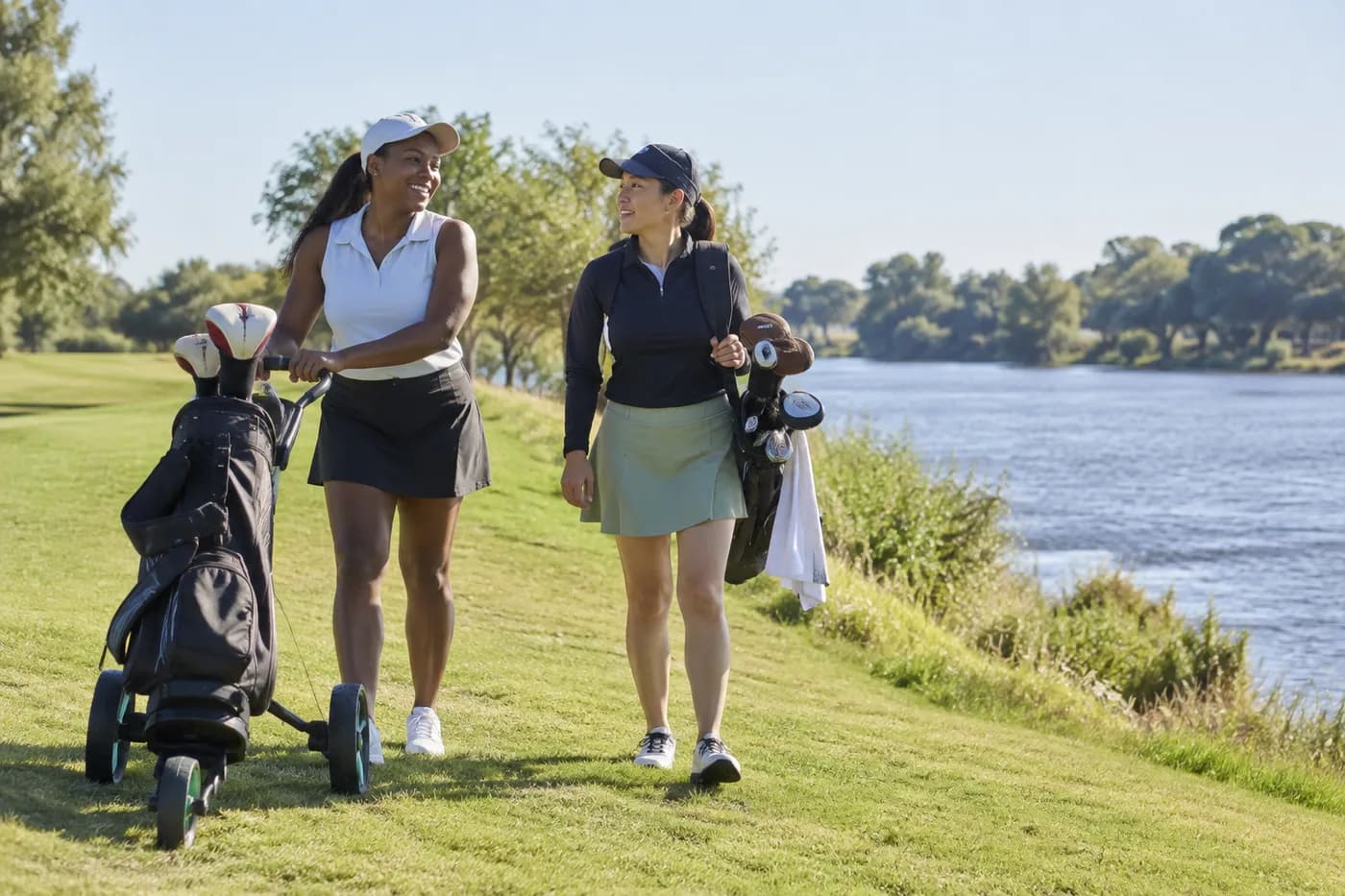 a push cart and carry bag side by side near a flat riverside fairway