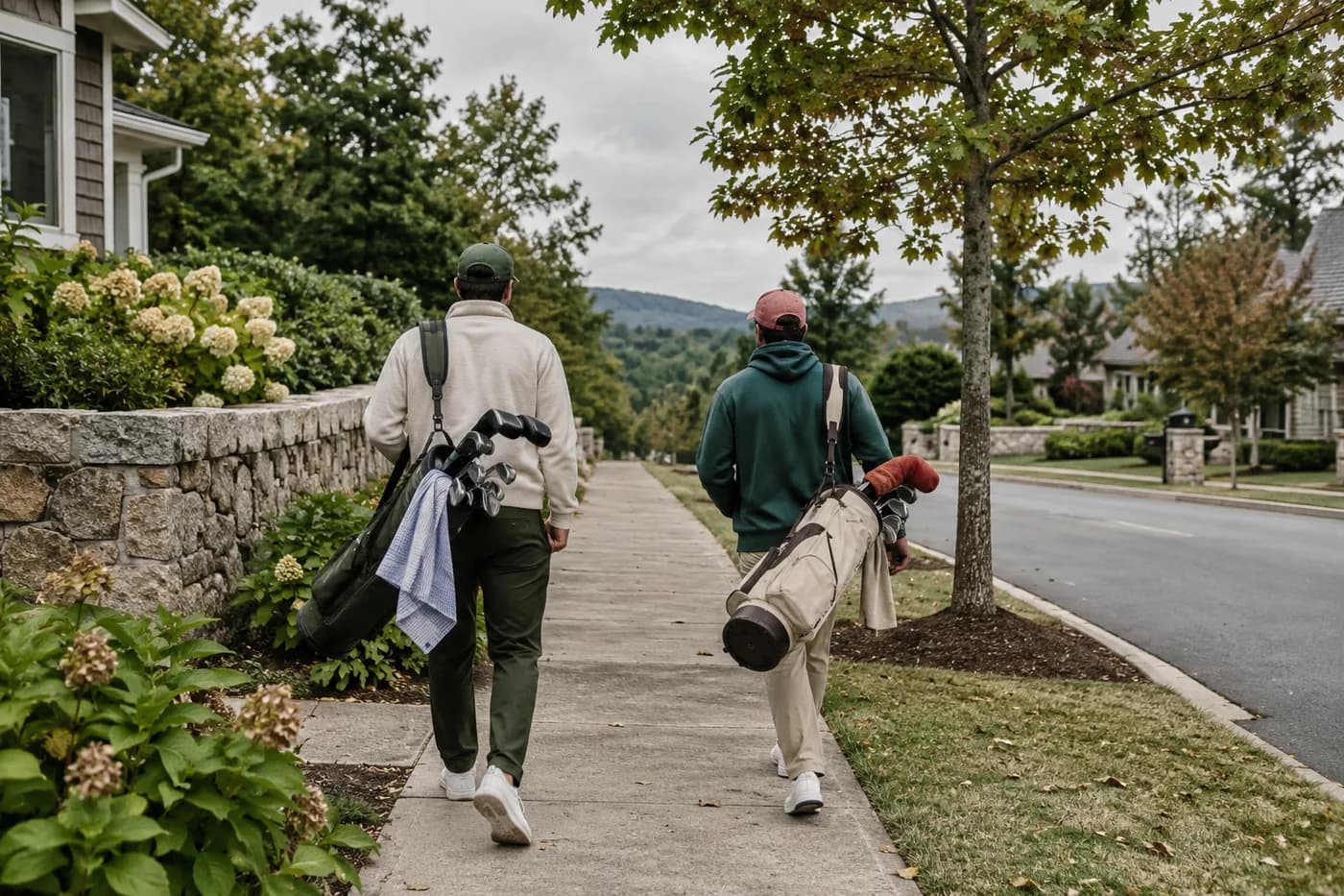 two friends carrying golf bags down a neighborhood sidewalk