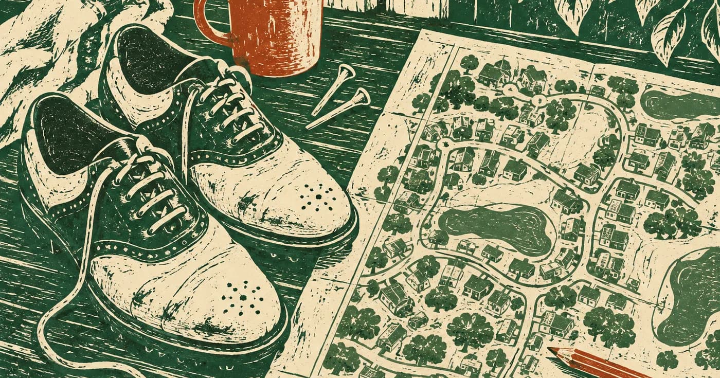 a pair of golf shoes beside a leafy neighborhood street map