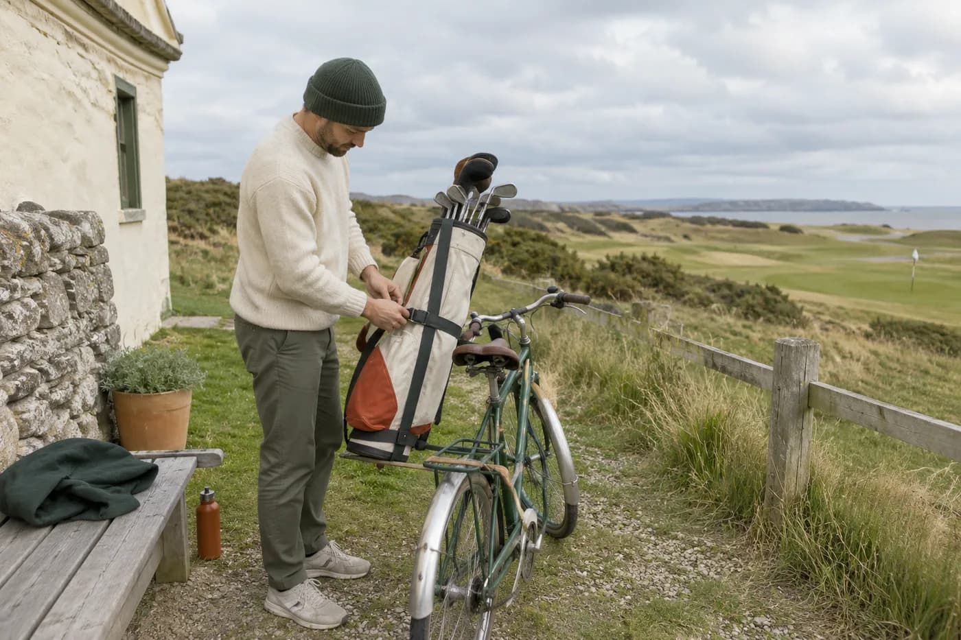 a golfer securing a lightweight golf bag beside a bicycle