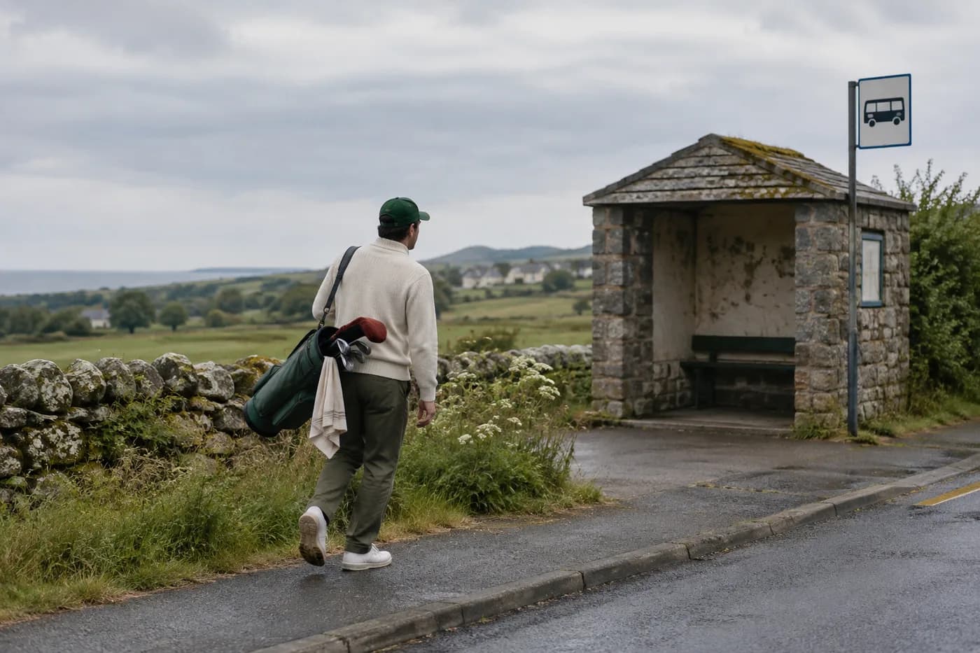 a golfer carrying a small Sunday bag toward a bus stop