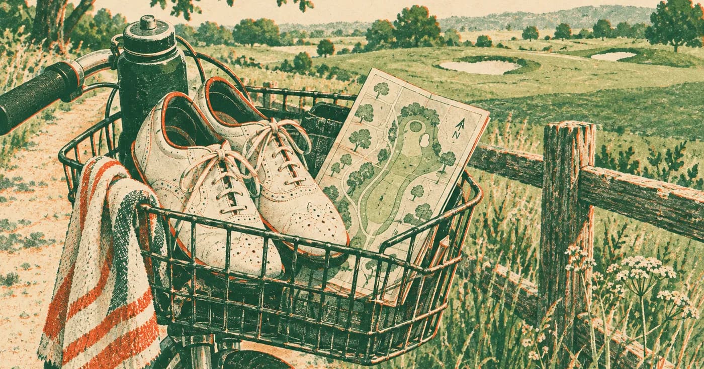 a bicycle basket holding golf shoes beside a pocket map