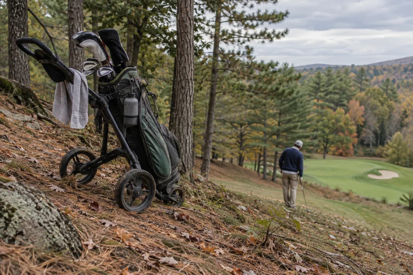 close view of a push cart parked on a steep tree-lined slope