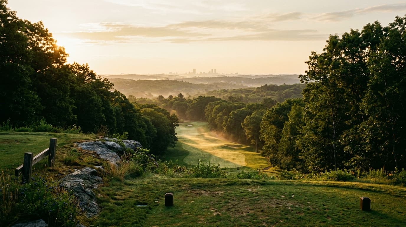 Elevated tee shot over granite outcroppings and hardwoods at Mount Hood Golf Club in Melrose, Massachusetts in warm morning light
