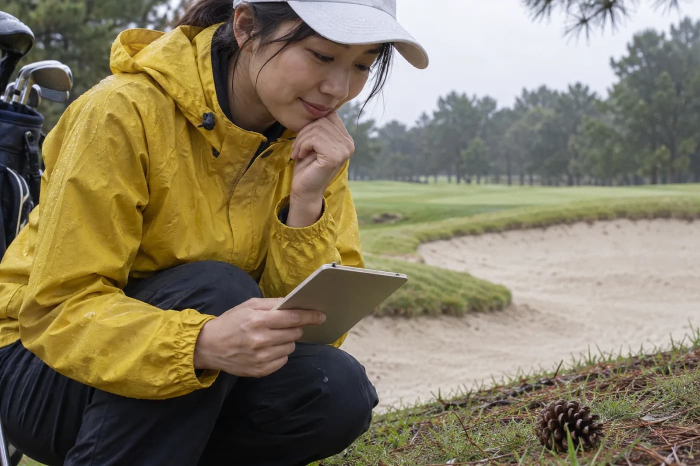 a golfer in a yellow rain jackets hand holding a plain yardage notebook beside a pine cone and pale sand