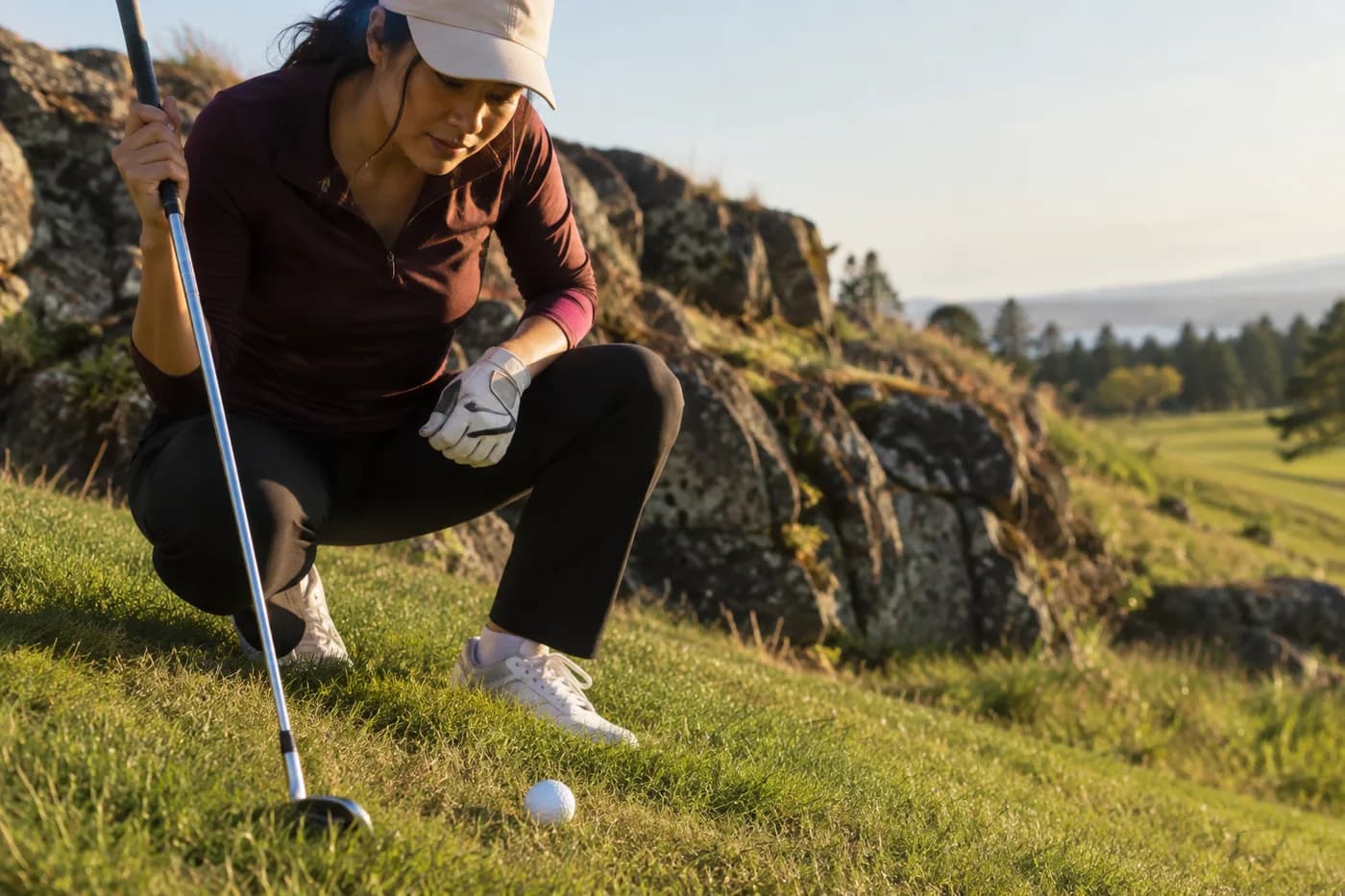 close crop of a golf ball on a hillside lie with a rock outcrop behind