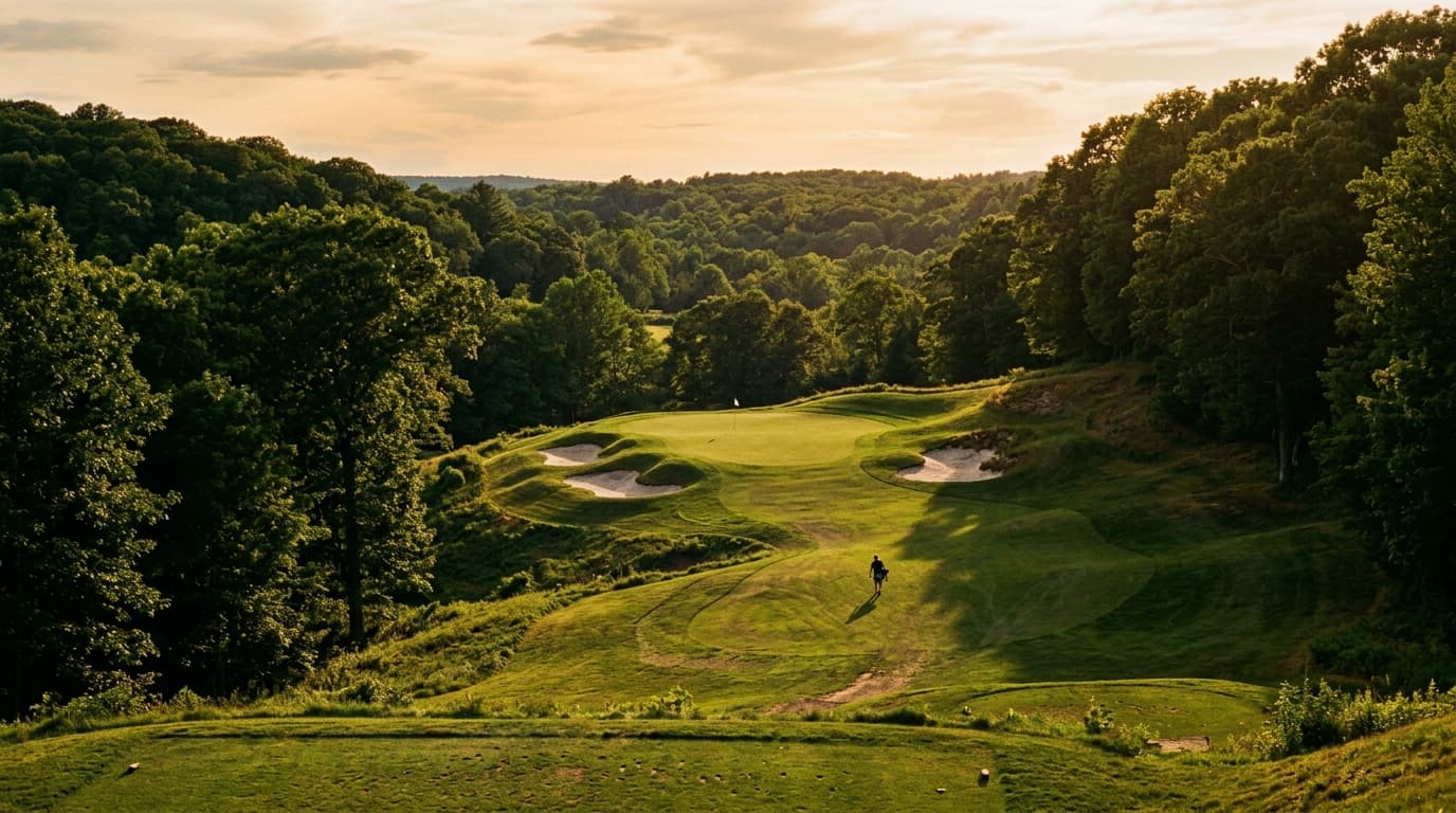 Valley fairway with elevation change and mature hardwoods at South Shore Country Club in Hingham, Massachusetts at golden hour