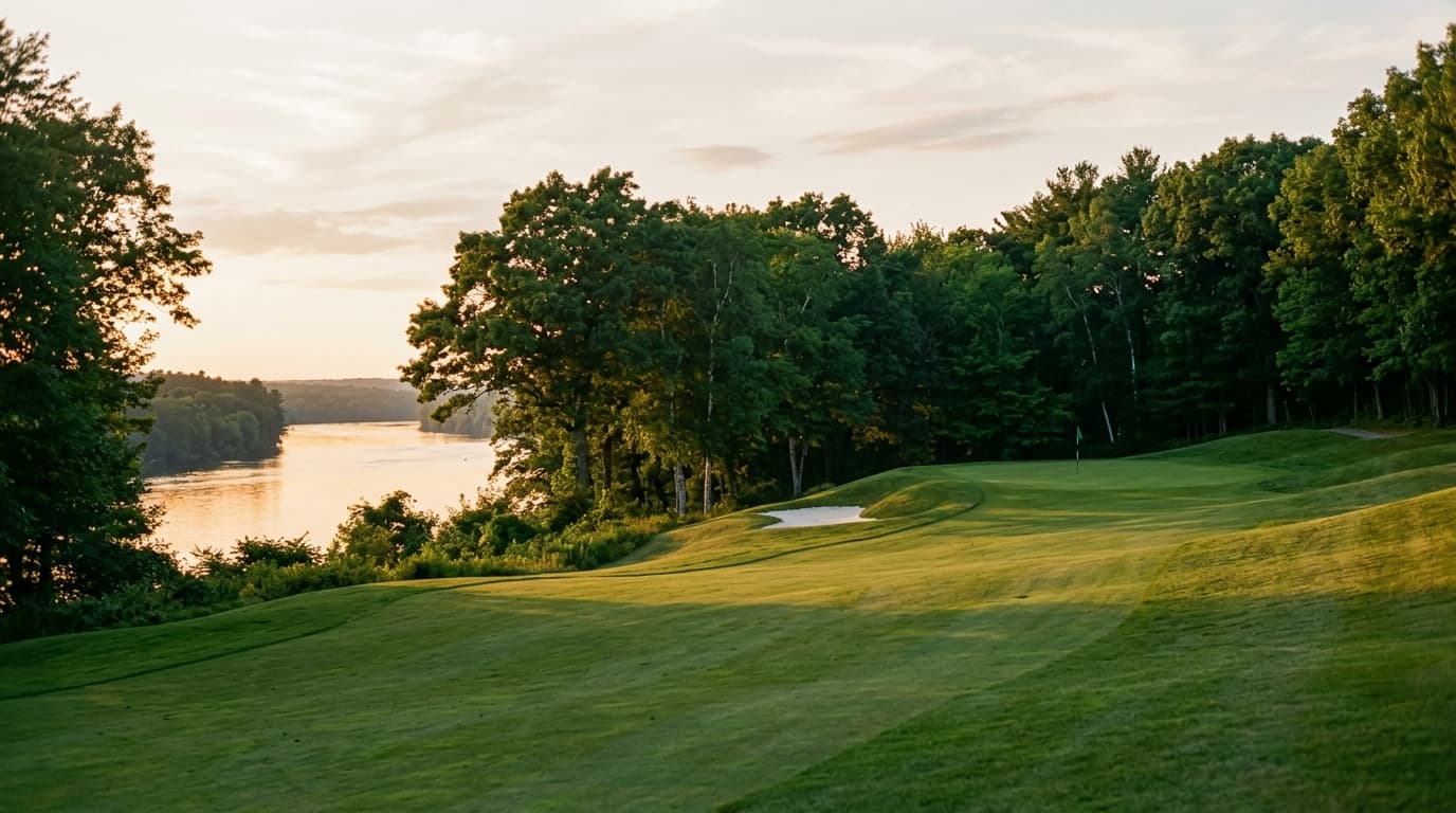 Rolling fairway above the Merrimack River at Trull Brook Golf Course in Tewksbury, Massachusetts at golden hour